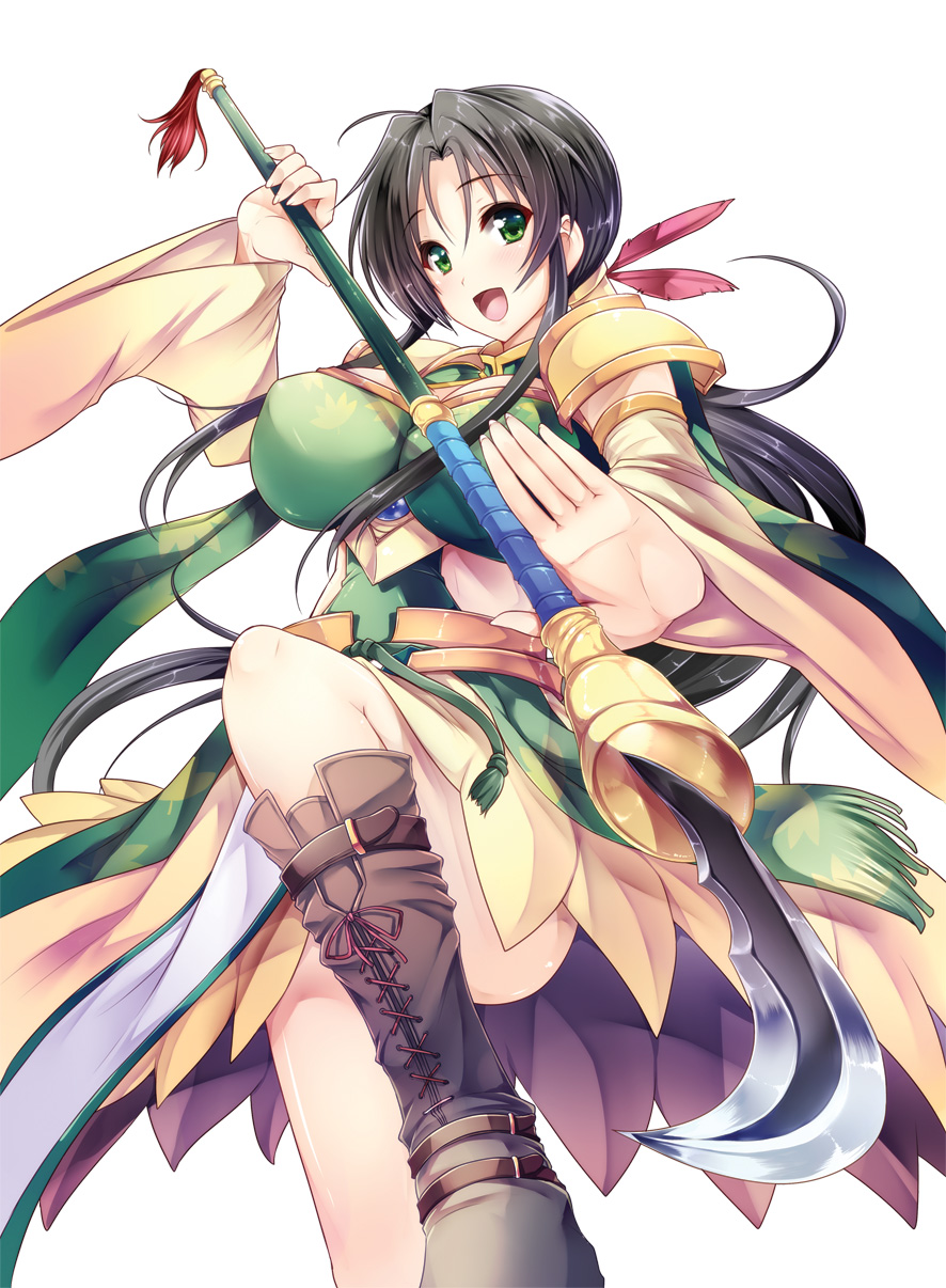 :d ahoge black_hair blush boots breasts brown_footwear covered_nipples cross-laced_footwear detached_sleeves dress feathers fighting_stance floral_print foreshortening goban green_dress green_eyes hair_feathers hair_intakes highres holding holding_weapon kan'u_unchou_(sangoku_hime) lace-up_boots large_breasts leg_up long_hair long_sleeves looking_at_viewer low_ponytail naginata open_mouth pauldrons polearm sangoku_hime sangoku_hime_3 sidelocks smile solo very_long_hair weapon wide_sleeves