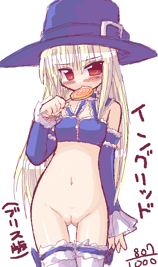 bottomless candy capcom capcom_fighting_evolution capcom_fighting_jam detached_sleeves hat ikkyuu ingrid lollipop midnight_bliss navel pussy street_fighter thigh_gap thighhighs uncensored