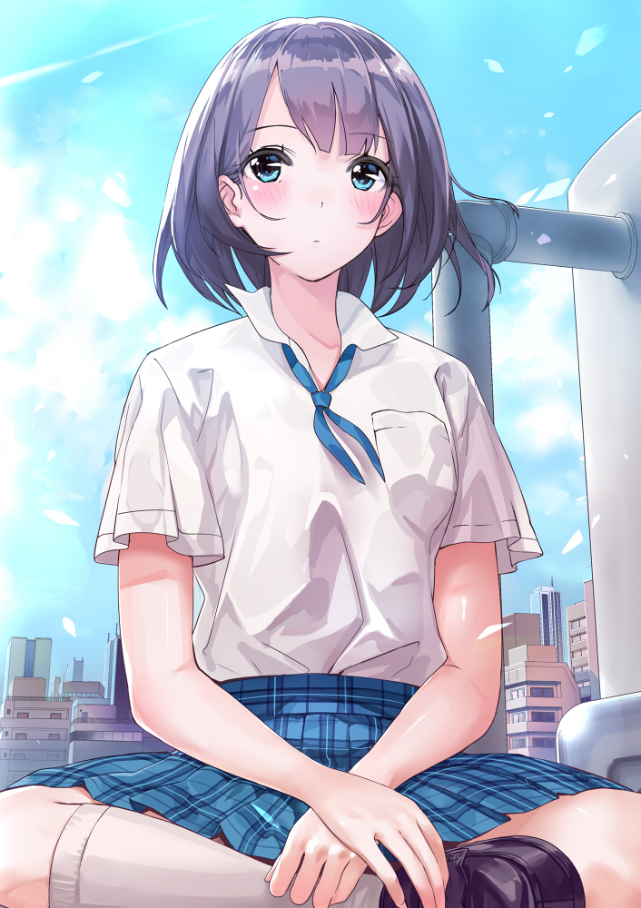 blue_eyes blush cityscape cloud day indian_style kinugasa_yuuichi kneehighs loafers original plaid plaid_skirt pleated_skirt purple_hair school_uniform shoes short_hair sitting skirt sky solo