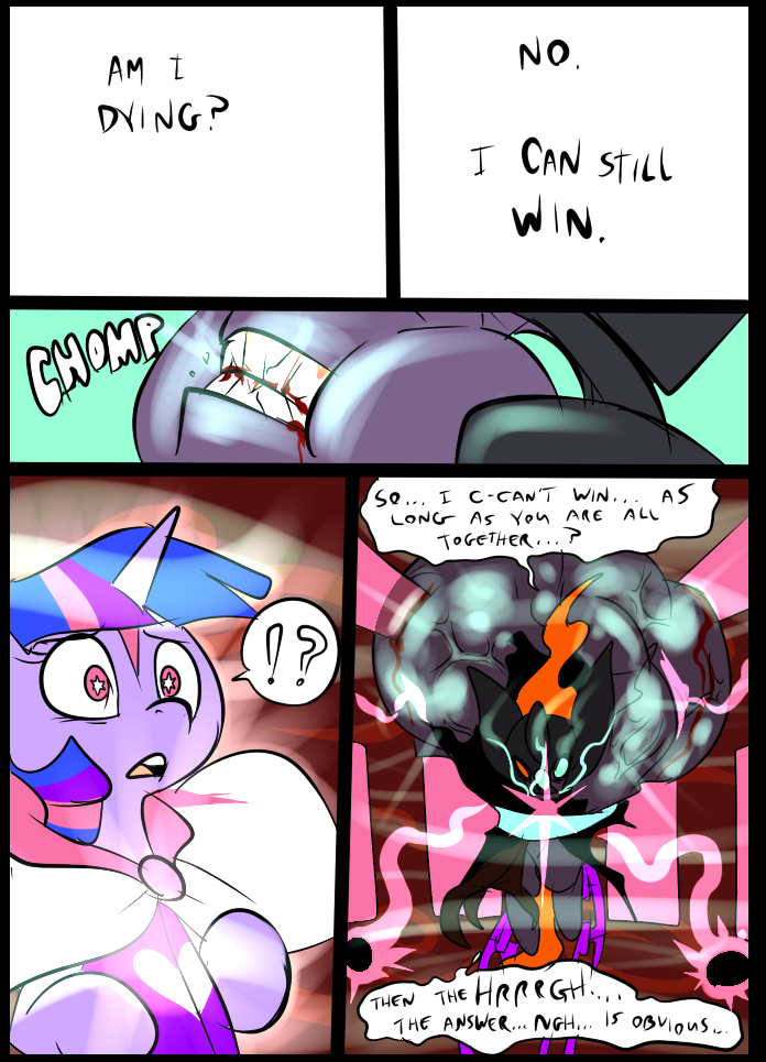 ?! battle bite blood bound chain cloak clothing comic cracking crown drugs duo equine friendship_is_magic glowing horn magic mammal metal_(artist) my_little_pony shiny shocked teeth twilight_sparkle_(mlp) unicorn vein