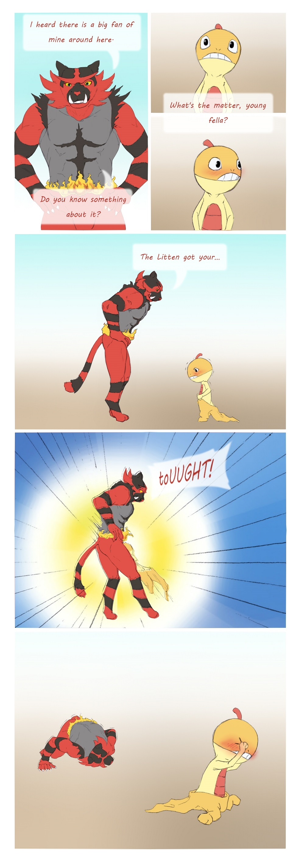 9x9 ballbusting cock_and_ball_torture comic english_text feral headbutt humor incineroar kneeling male nintendo pain pok&eacute;mon scraggy standing text video_games