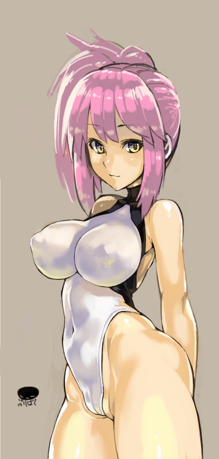 arms_behind_back bare_shoulders breasts cameltoe contrapposto cosmic_break covered_navel covered_nipples cowboy_shot eyebrows_visible_through_hair highleg highleg_leotard highres impossible_clothes large_breasts leotard light_brown_background light_smile melfi perky_breasts pink_hair puribate_(helgoland) side_ponytail simple_background solo standing thick_thighs thighs turtleneck yellow_eyes