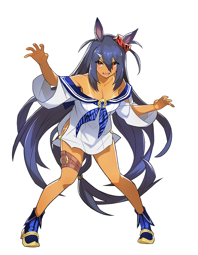 animal_ears artist_request bare_shoulders blue_hair blush breasts cleavage full_body hair_between_eyes hair_ornament hairclip hishi_amazon large_breasts long_hair off_shoulder official_art open_mouth outstretched_arms red_eyes school_uniform scrunchie serafuku shoes solo tan tanline thigh_strap transparent_background umamusume very_long_hair