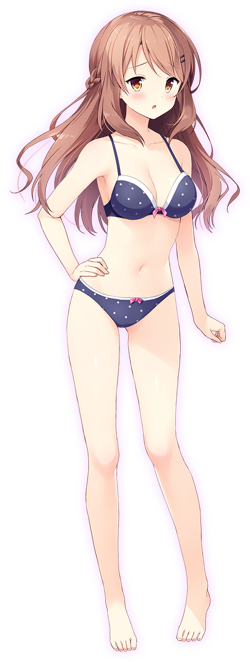 :o blush bow bow_panties bra braid breasts brown_hair french_braid full_body hair_ornament hairclip hand_on_hip highres kimi_no_hitomi_ni_hit_me kurasawa_moko long_hair medium_breasts navel orange_eyes panties polka_dot polka_dot_bra polka_dot_panties solo standing transparent_background tsukahata_miko underwear