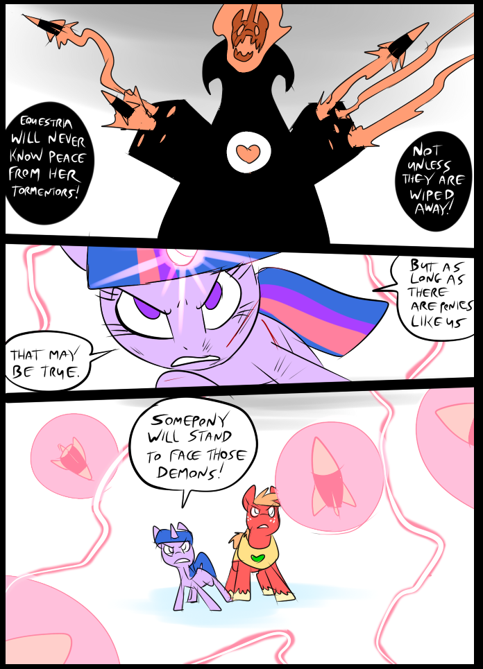 &lt;3 battle big_macintosh_(mlp) blood cloak clothing comic earth_pony equine feral friendship_is_magic glowing group hair horn horse magic mammal metal_(artist) missile my_little_pony pony scratches simple_background skull twilight_sparkle_(mlp) unicorn