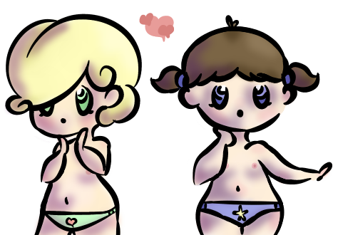 &lt;3 baby blonde_hair blue_eyes blush brown_hair clothing green_eyes hair innocent looking_at_viewer looking_up nipples not_furry nude panties pigtails short short_hair small_(disambiguation) star surprise toddler toddlers underwear waist_up wide_hips young