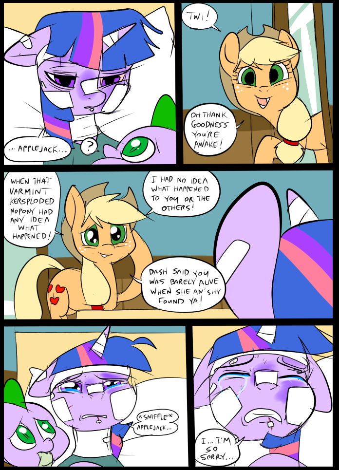 ? applejack_(mlp) bandage bruised comic crying cutie_mark dragon earth_pony equine feral friendship_is_magic group hair hat horn horse mammal metal_(artist) my_little_pony pony spike_(mlp) tears twilight_(mlp) unicorn wraps