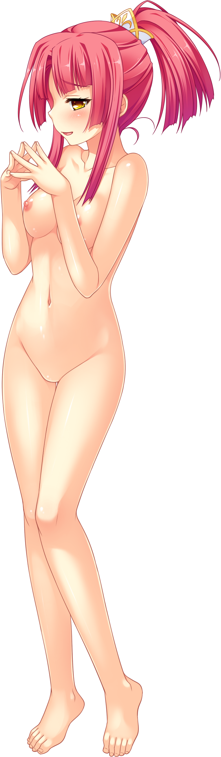 absurdres barefoot blush breasts fingers_together full_body high_ponytail highres koihime_musou kousonsan long_hair navel nipples no_pussy nude open_mouth pink_hair saeki_hokuto small_breasts solo transparent_background yellow_eyes