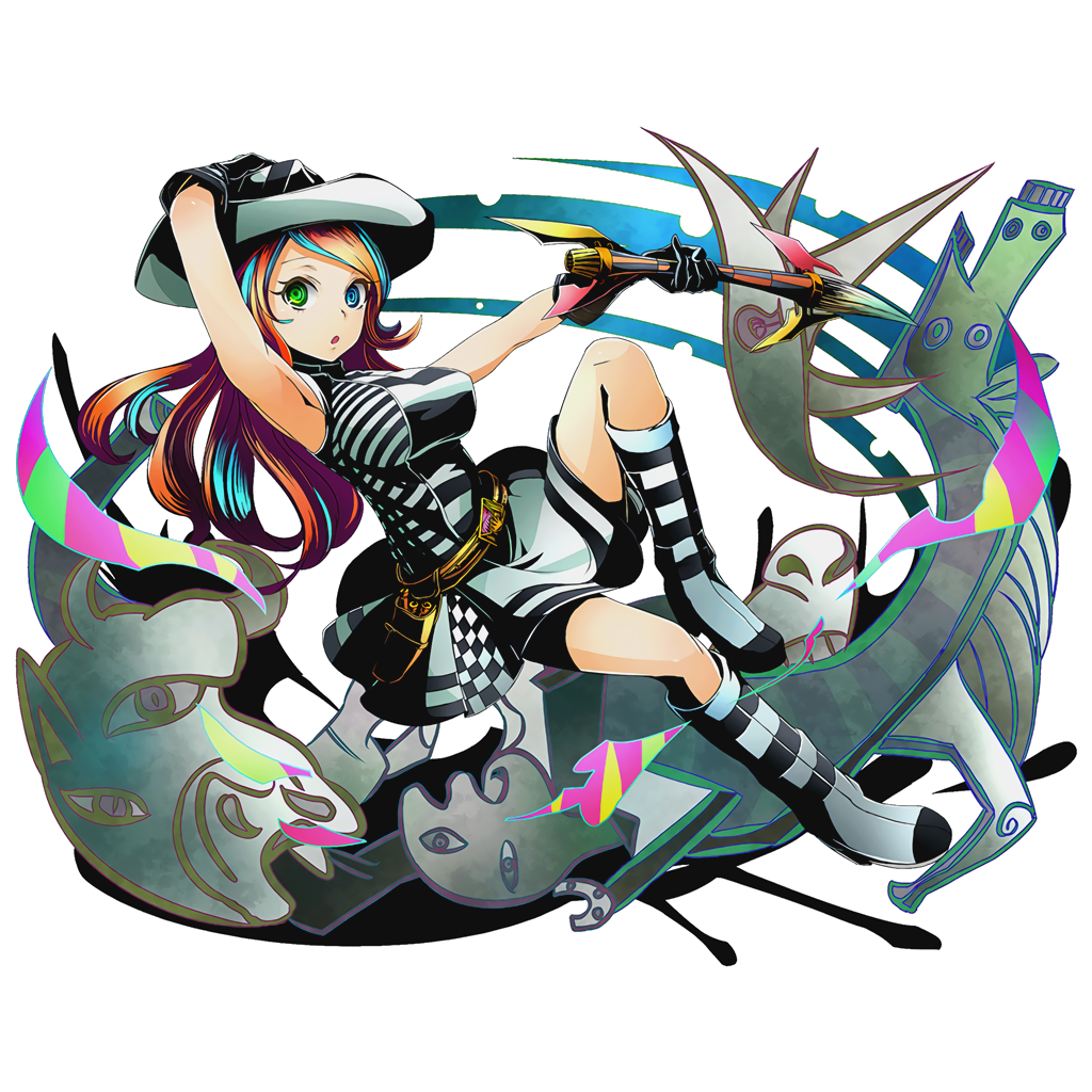 armpits belt black_gloves blue_eyes blue_hair boots divine_gate dress full_body gloves green_eyes hand_on_headwear heterochromia holding knee_boots long_hair looking_at_viewer multicolored_hair official_art open_mouth orange_hair pablo_(divine_gate) shadow sleeveless sleeveless_dress solo striped striped_dress striped_footwear transparent_background two-tone_hair ucmm