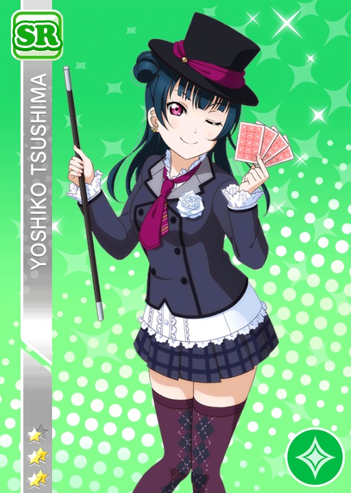 1girl argyle baton blue_hair blush cards character_name coat flower hat long_hair love_live!_school_idol_festival love_live!_sunshine!! one_eye_closed pink_eyes plaid rose solo thighhighs top_hat tsushima_yoshiko wand white_rose wink