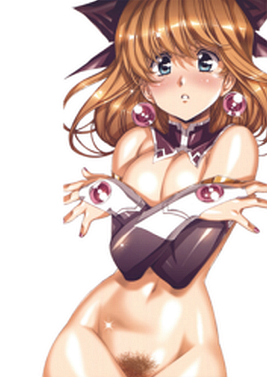 1girl blush bottomless bow breasts covering_breasts crossed_arms detached_sleeves earrings female green_eyes growlanser growlanser_iv growlanser_iv:_over_reloaded hairbow jewelry large_breasts orange_hair pubic_hair shiny shiny_skin short_hair simple_background solo standing tricia_(growlanser) urushihara_satoshi white_background