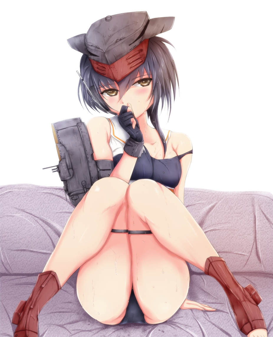 arm_support ass asymmetrical_hair black_hair breasts brown_eyes covered_mouth framed_breasts full_body gloves hair_between_eyes i-13_(kantai_collection) kantai_collection knees_together_feet_apart looking_at_viewer mable medium_breasts partly_fingerless_gloves sailor_collar school_swimsuit short_hair single_glove sitting solo strap_slip swimsuit thigh_strap thighs tsurime