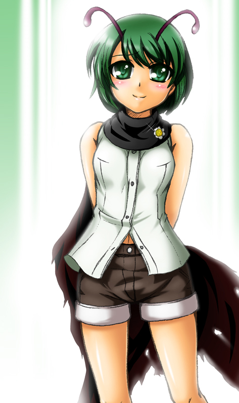 adapted_costume antennae arms_behind_back black_scarf black_shorts blush closed_mouth commentary_request cowboy_shot flower green_eyes green_hair looking_at_viewer scarf shirt short_hair shorts sleeveless sleeveless_shirt smile solo sunflower touhou white_shirt wriggle_nightbug yazuki_gennojou