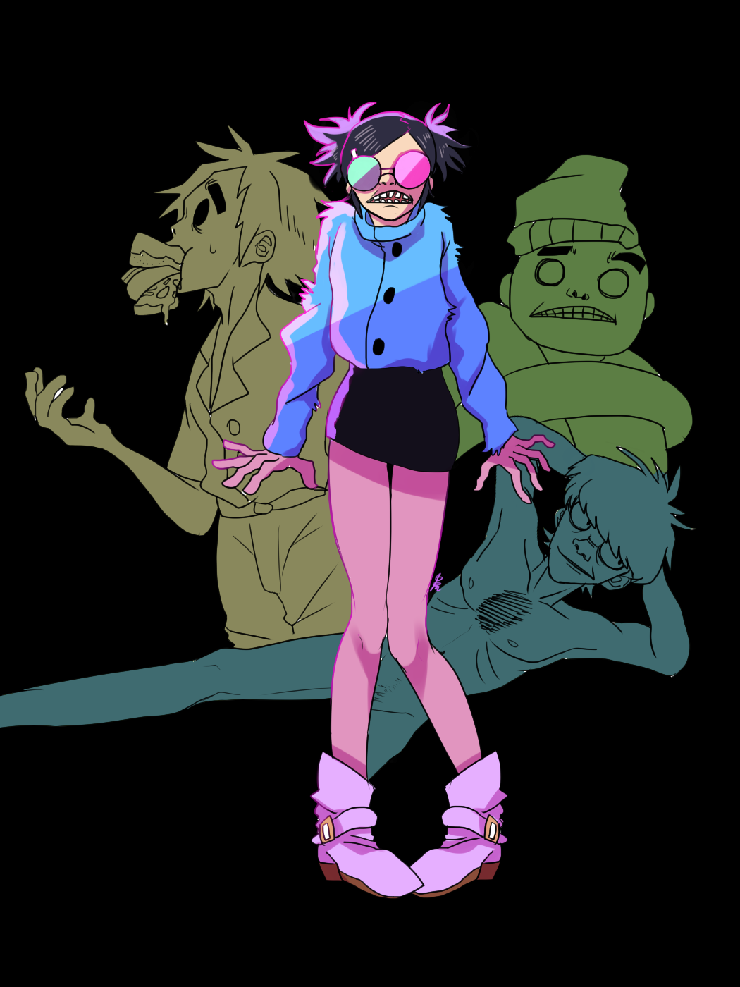 3boys arms_behind_head bangs black_hair black_skirt boots chest_hair clenched_teeth flat_color food_in_mouth fur_jacket gorillaz hair_ornament hairclip highres itajou_pajamako long_sleeves looking_at_viewer looking_to_the_side miniskirt multiple_boys murdoc_niccals nipples no_pupils noodle_(gorillaz) nude older open_mouth parted_bangs russel_hobbs scared short_twintails skirt skull_cap stuart_pot stuffed sunglasses sweatdrop teeth trembling twintails white_footwear