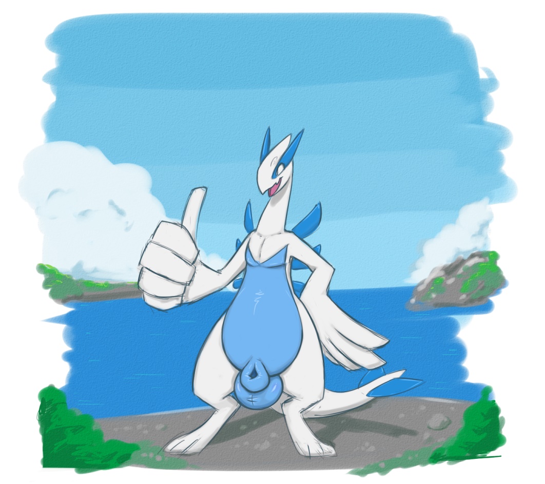 2017 animal_genitalia anthro balls feral flaccid fur hair hi_res legendary_pok&eacute;mon lugia male nintendo nude open_mouth packmind penis pok&eacute;mon sheath simple_background smile solo standing video_games water white_background