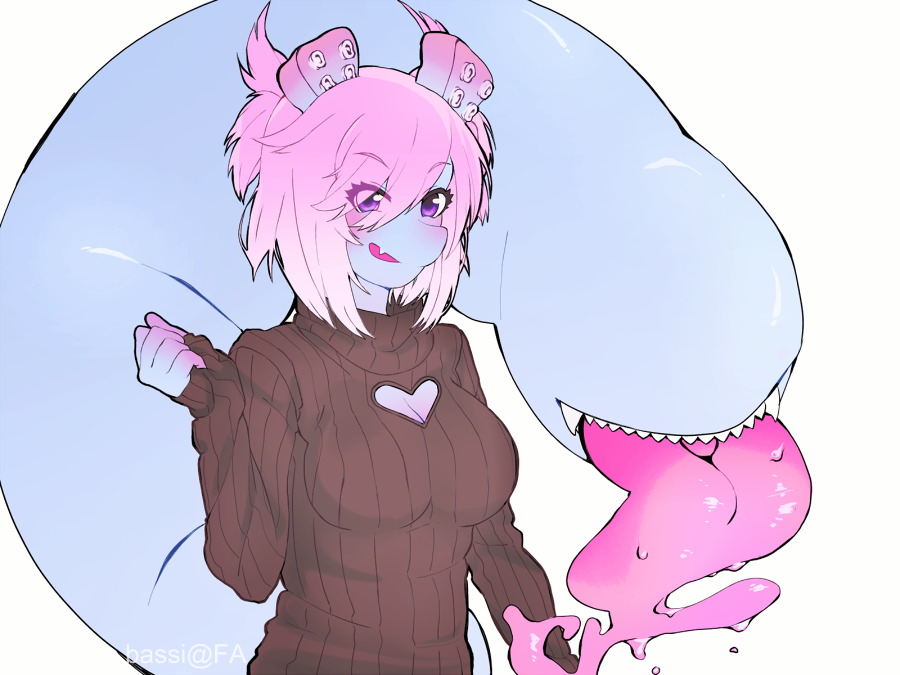 2017 bassi big_tail blue_skin breasts clothing female hair happy humanoid keyhole_turtleneck monster monster_girl_(genre) multicolored_hair open_mouth phae pink_hair purple_eyes simple_background suckers sweater tail_mouth tentacles thick_tail tongue