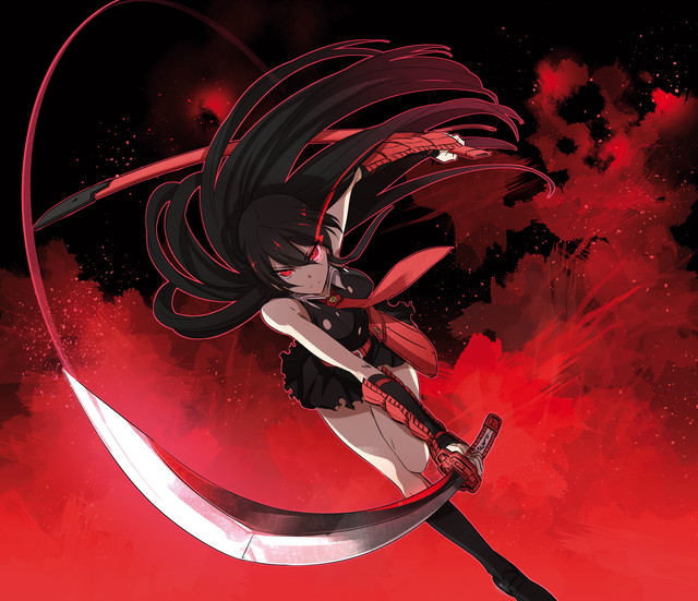 akame akame_ga_kill! black_hair gloves long_hair non-web_source red_eyes sheath skirt solo source_request sword tashiro_tetsuya weapon