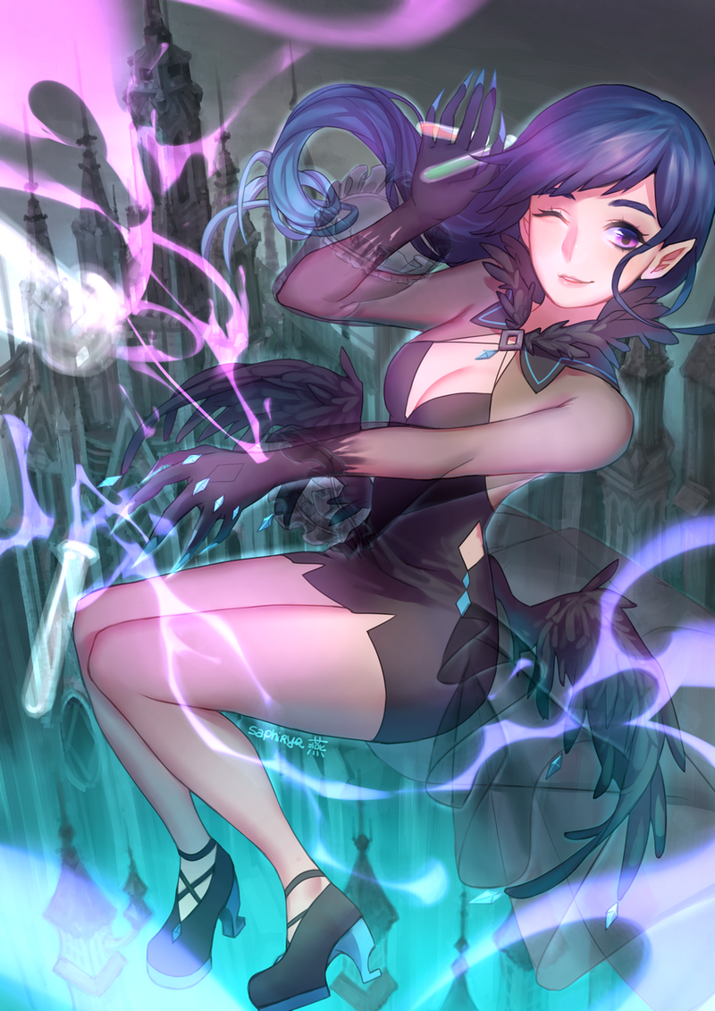 1girl alys blue_hair breasts cleavage female gloves halloween high_heels long_hair medium_breasts nail_polish purple_eyes saphirya witch