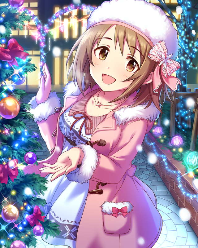 breasts brown_eyes brown_hair christmas christmas_lights christmas_ornaments christmas_tree coat collarbone dress ears eyebrows_visible_through_hair fur_trim hair_ribbon hat idolmaster idolmaster_cinderella_girls jewelry large_breasts mimura_kanako necklace night official_art pink_coat ribbon short_hair solo white_dress winter_clothes winter_coat