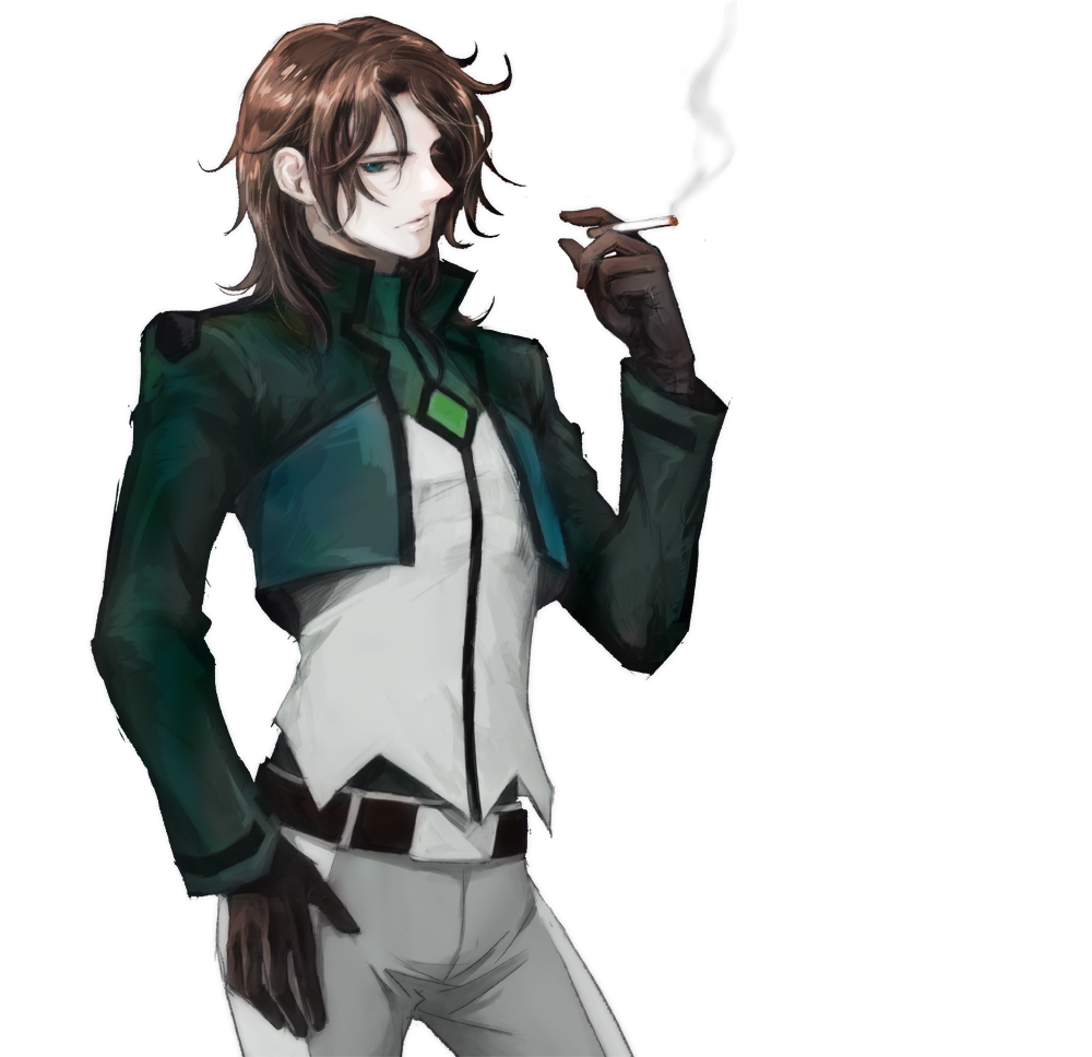 belt black_gloves blue_eyes brown_hair cigarette gloves grey_pants gundam gundam_00 gurumdal_(kirel) hand_on_hip lyle_dylandy male_focus pants solo standing vest white_background