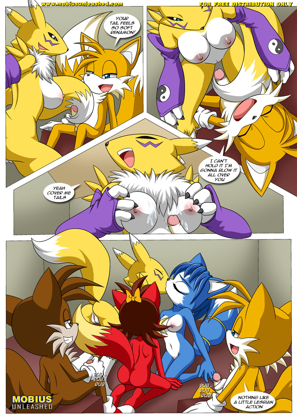 alex_the_fox anthro anthro_on_anthro bbmbbf blue_fur blue_hair breasts canine comic crossover cum cum_on_breasts digimon digital_media_(artwork) erect_nipples erection eyes_closed female female/female fiona_fox fox fox_tail fur group hair hi_res kissing krystal male male/female mammal masturbation miles_prower mobius_unleashed multi_tail nintendo nipples nude orgasm palcomix penis pussy renamon sex sonic_(series) star_fox toony vaginal video_games white_fur yellow_fur yin_yang