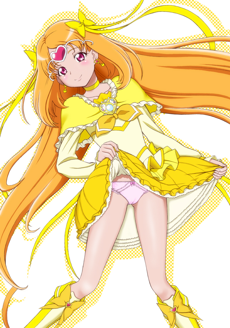 boots bow brooch choker circlet cure_muse_(yellow) eyelashes frills heart jewelry kijinaka_mahiro knee_boots long_hair orange_hair panties precure purple_eyes revision ribbon shirabe_ako simple_background skirt skirt_lift smile solo suite_precure twintails underwear white_background white_panties yellow yellow_bow yellow_choker yellow_skirt