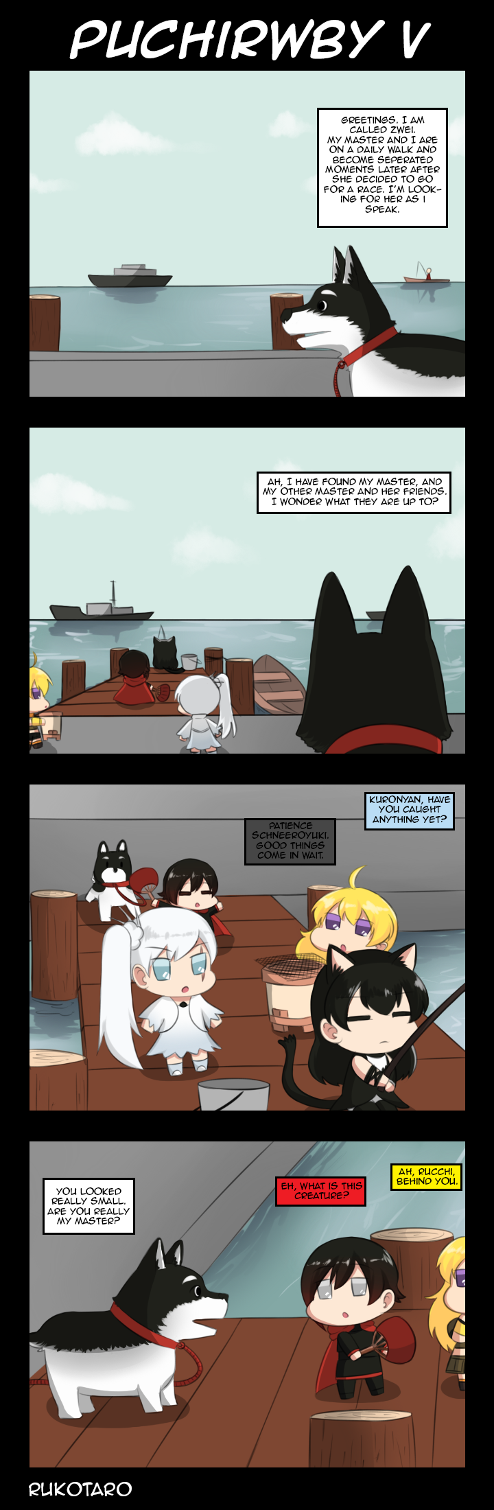 animal_ears blake_belladonna boat bucket cat_ears cat_tail english fishing_rod harbor highres multiple_girls pot puchimasu! ruby_rose rukotaro rwby ship tail watercraft weiss_schnee welsh_corgi yang_xiao_long zwei_(rwby)