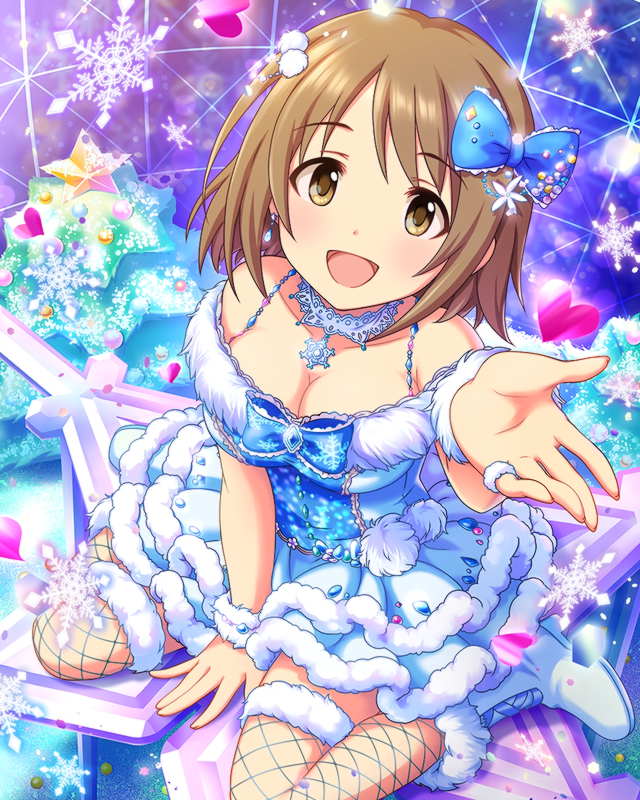 blue_dress boots breasts brown_eyes brown_hair christmas christmas_ornaments christmas_tree cleavage collarbone dress ears eyebrows_visible_through_hair fur-trimmed_boots fur_trim hair_ornament hair_ribbon idolmaster idolmaster_cinderella_girls jewelry large_breasts layered_dress mimura_kanako necklace official_art ribbon short_hair snowflakes solo thighhighs