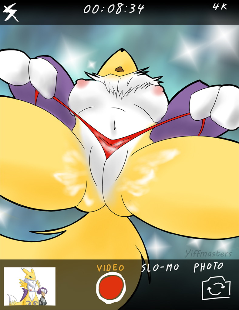 2017 anthro breasts butt canine clothing digimon female fox fur low-angle_view mammal nipples nude open_mouth pussy renamon solo thong tuft white_fur worm's-eye_view yellow_fur yiffmasters