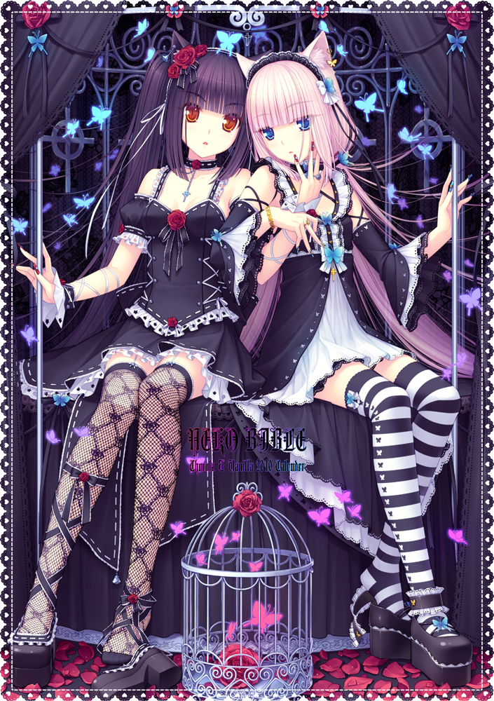 animal_ears ankle_garter bad_id bad_pixiv_id blue_eyes blue_nails cat_ears chocola_(sayori) hands leg_ribbon legs lolita_fashion long_hair multiple_girls nail_art nail_polish nekopara red_nails ribbon sayori shoe_dangle shoes single_shoe striped striped_legwear thighhighs twintails vanilla_(sayori)