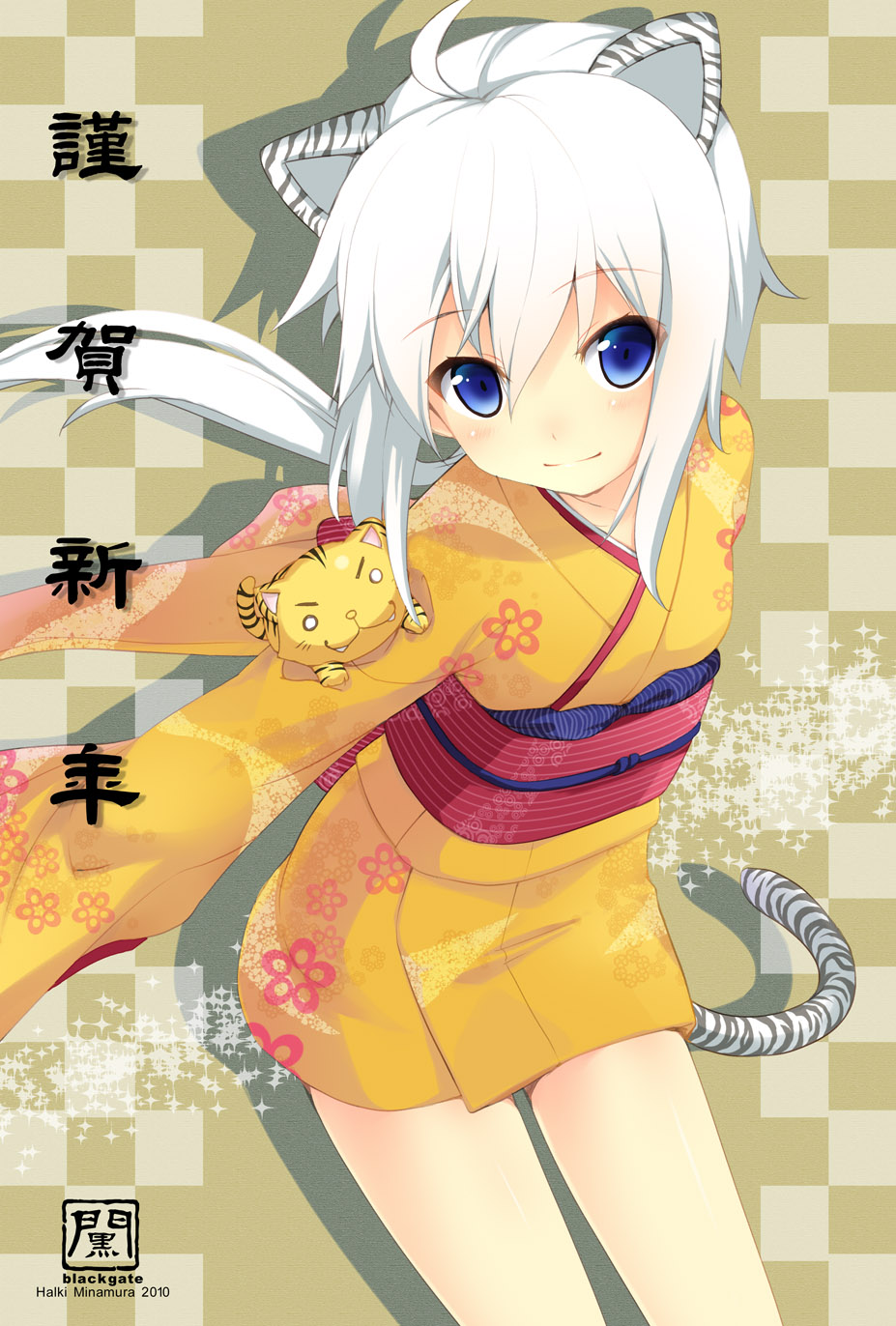 ahoge animal_ears checkered checkered_background copyright_request highres japanese_clothes kimono looking_at_viewer minamura_haruki new_year short_kimono smile solo tail tiger tiger_ears tiger_tail
