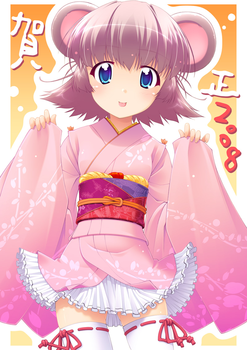 2008 :p animal_ears blue_eyes chinese_zodiac copyright_request japanese_clothes kimono mouse_ears new_year obi pink_hair sash short_hair solo thighhighs tongue tongue_out tonk yamabuki_zarame year_of_the_rat