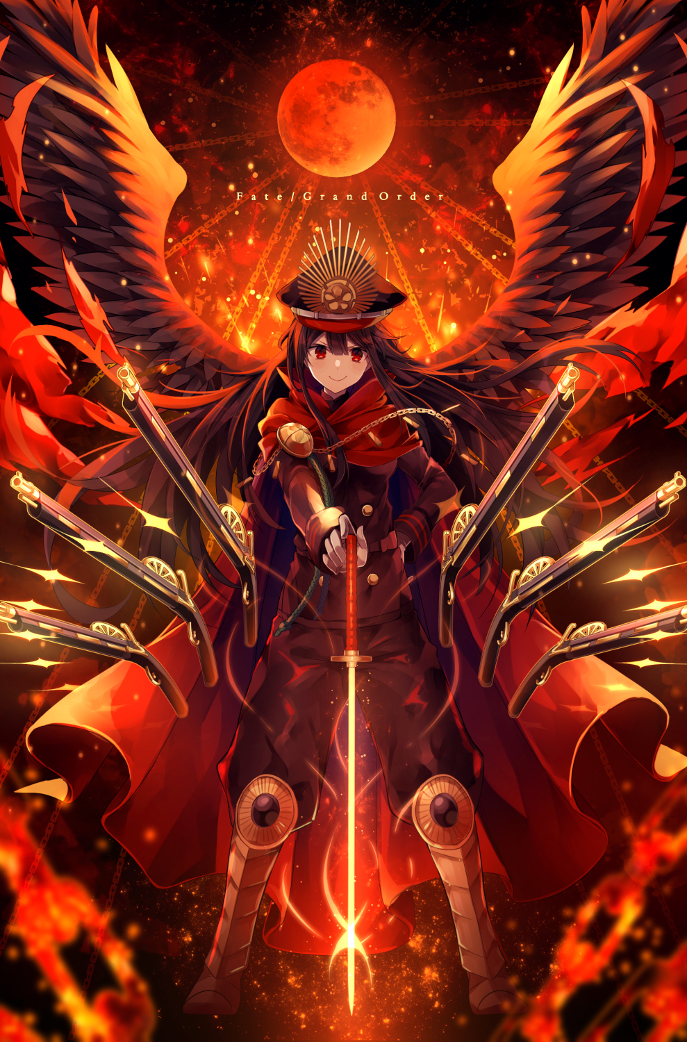 armor armored_boots bangs black_hair black_wings blurry blush boots chain cloak closed_mouth commentary_request copyright_name depth_of_field family_crest fate/grand_order fate_(series) feathered_wings floating_hair gun hair_between_eyes hat highres holding holding_sword holding_weapon koha-ace legs_apart long_hair looking_at_viewer military military_uniform musket oda_nobunaga_(fate) oda_uri peaked_cap planted_sword planted_weapon red_eyes rising_sun smile smug solo standing sunburst sword uniform weapon wings yunohito
