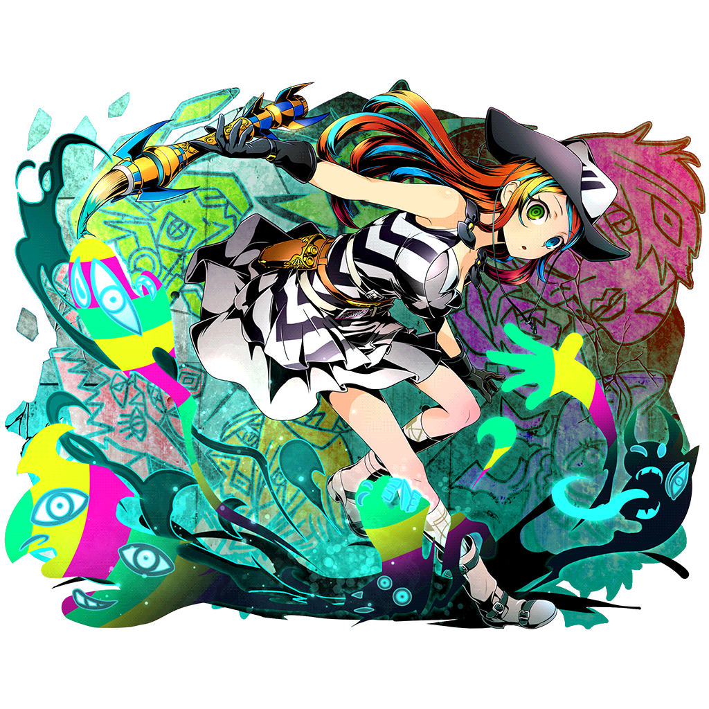 blue_eyes divine_gate dress full_body gloves green_eyes heterochromia looking_at_viewer multicolored_hair official_art open_mouth orange_hair pablo_(divine_gate) paintbrush short_dress sleeveless sleeveless_dress solo streaked_hair striped striped_dress transparent_background ucmm