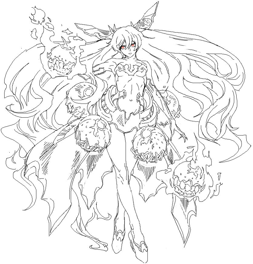 anchorage_hime bow claws cosmic_bear crossed_legs fire flame floating_hair hair_bow hand_on_hip high_heels kantai_collection legs limited_palette long_hair red_eyes rigging shinkaisei-kan simple_background sketch solo spot_color teeth very_long_hair waist_cape watson_cross white_background