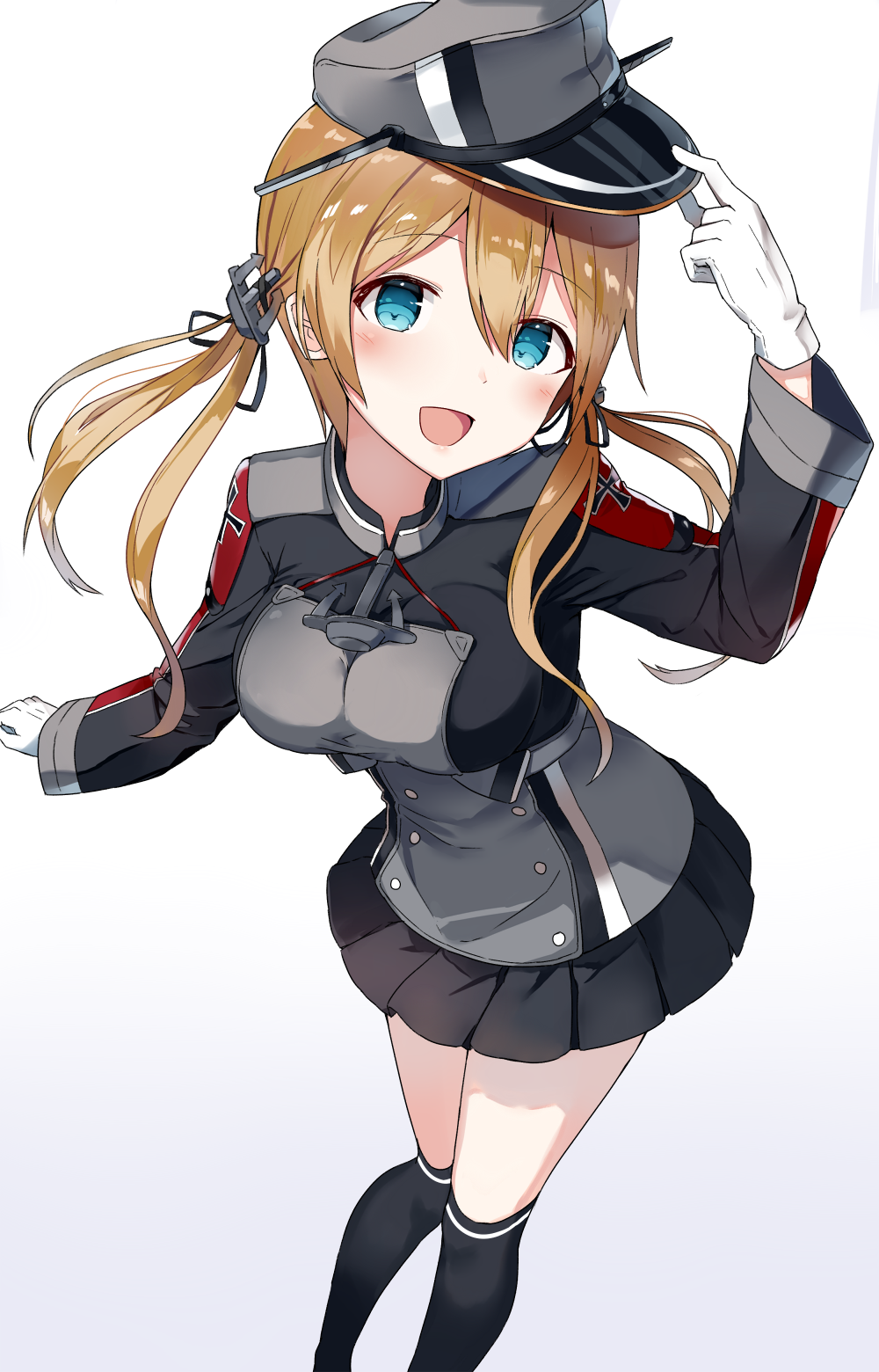 adjusting_clothes adjusting_hat anchor_hair_ornament aqua_eyes blonde_hair blush gloves gradient gradient_background hair_ornament hat highres iron_cross kantai_collection low_twintails md5_mismatch military military_uniform open_mouth peaked_cap prinz_eugen_(kantai_collection) shikuro_(iorimiyakiyo) smile solo twintails uniform white_gloves