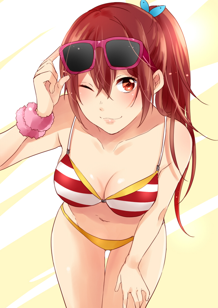 ass_visible_through_thighs bangs bikini blush bow breasts cleavage collarbone free! hair_between_eyes hair_bow hair_ornament hand_on_head hand_on_hip leaning_forward long_hair looking_at_viewer matsuoka_gou medium_breasts navel one_eye_closed ponytail red_eyes red_hair scrunchie shouno_kotarou sidelocks smile solo standing sunglasses swimsuit thigh_gap two-tone_background wrist_scrunchie yellow_bikini