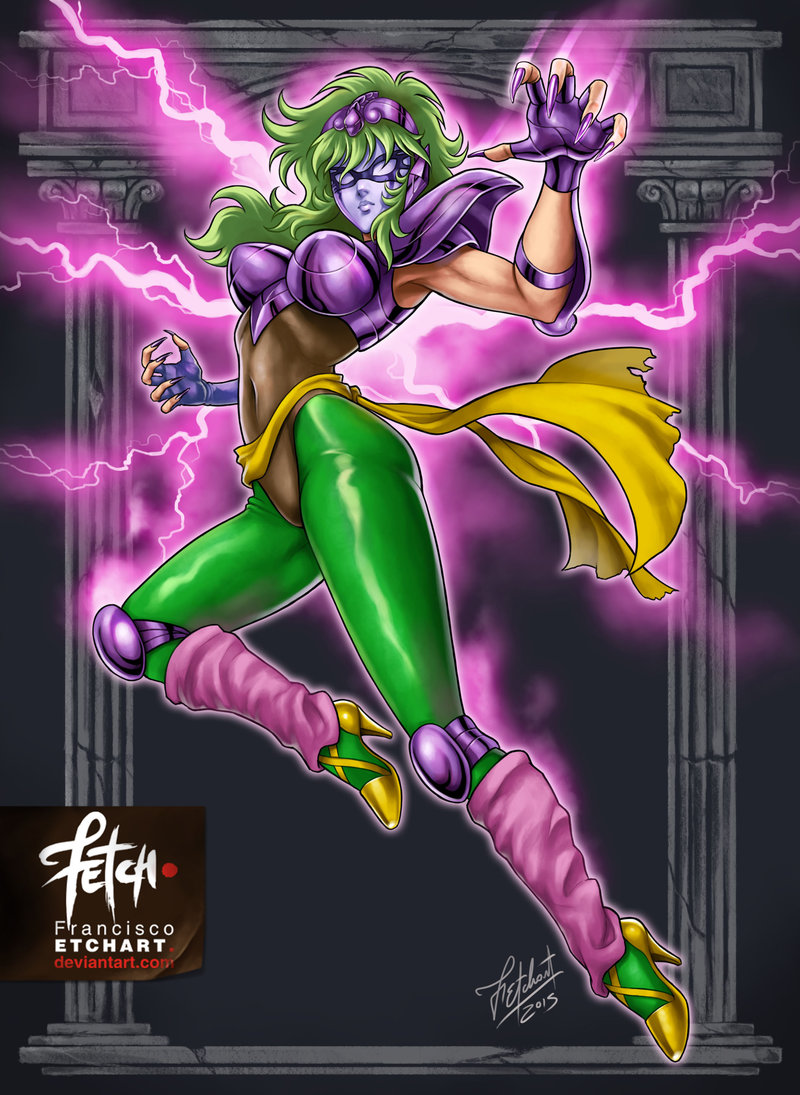 2015 arm_guards armor belt breasts brown_leotard claws dated deviantart_username electricity energy fighting_stance fingerless_gloves fingernails franciscoetchart gloves glowing jumping large_breasts leg_warmers leotard long_fingernails magic mask official_style ophiuchus_shaina saint_seiya sharp_fingernails signature toned watermark web_address