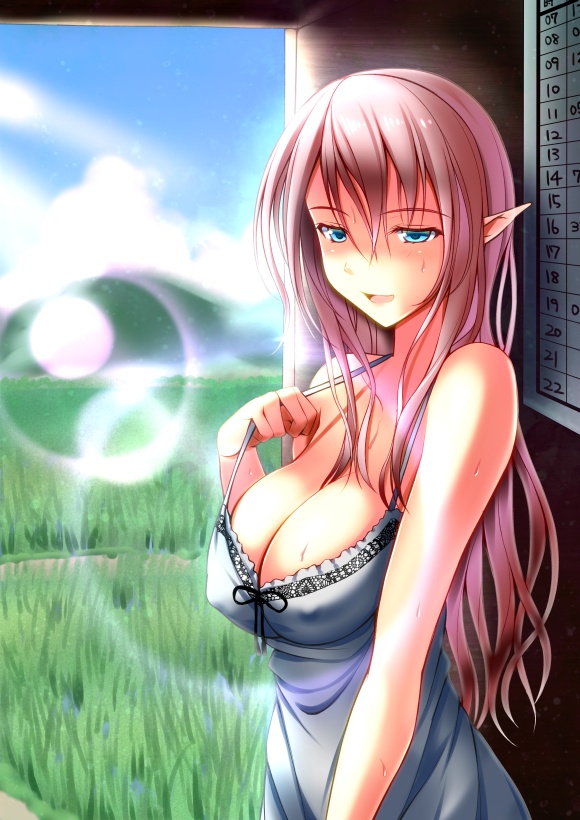 blue_eyes blush breasts calendar_(object) cleavage collarbone commentary_request covered_nipples day dress elf from_side kuurunaitsu large_breasts long_hair looking_at_viewer looking_to_the_side no_bra original parted_lips pointy_ears pulled_by_self purple_hair rice_paddy smile solo strap_pull sundress sunlight sweat upper_body white_dress