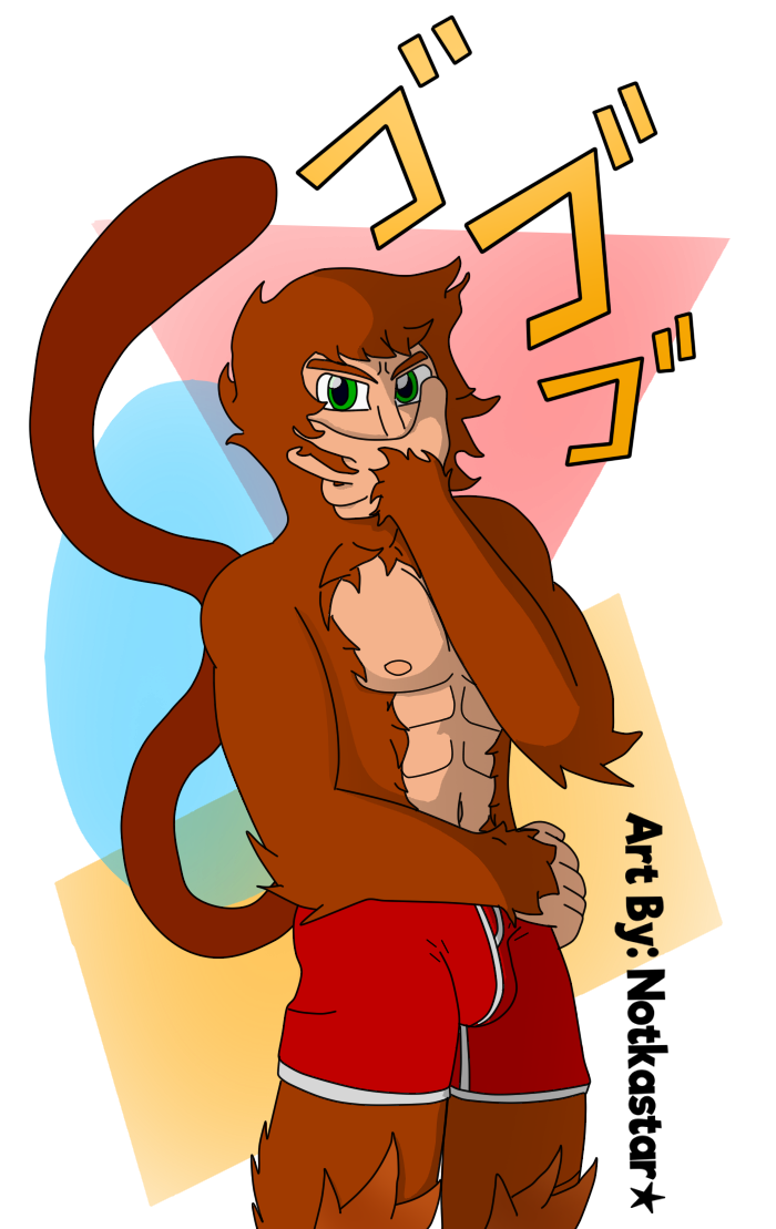 2017 abs anthro boxer_briefs chest_tuff clothed clothing digital_media_(artwork) english_text fur hair jojo jojo's_bizarre_adventure male mammal monkey muscular notkastar_(artist) pecs pose primate simple_background sketch smile solo tagme text underwear vertical_bar_eyes