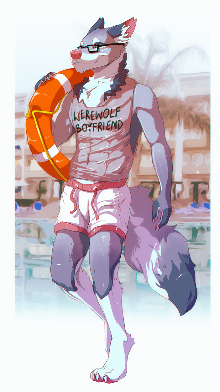 anthro canine clothed clothing eyewear glasses jeanwoof male mammal outside pool_tube shirt smile solo standing wet_shirt