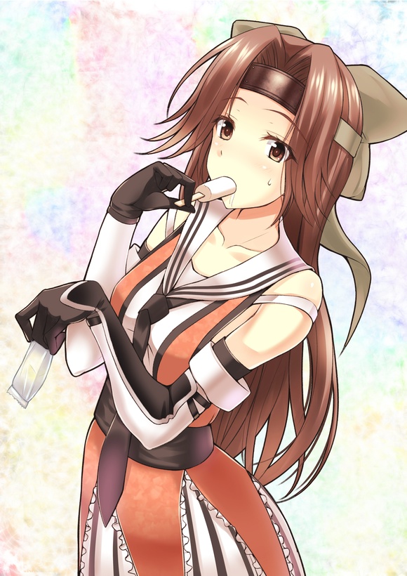 bare_shoulders black_neckwear blush bow breasts brown_bow brown_eyes brown_hair collarbone commentary_request cowboy_shot eating elbow_gloves food food_in_mouth forehead_protector gloves hair_bow hair_intakes headband jintsuu_(kantai_collection) kantai_collection kuurunaitsu long_hair looking_at_viewer medium_breasts necktie popsicle remodel_(kantai_collection) sash school_uniform serafuku solo wrapper