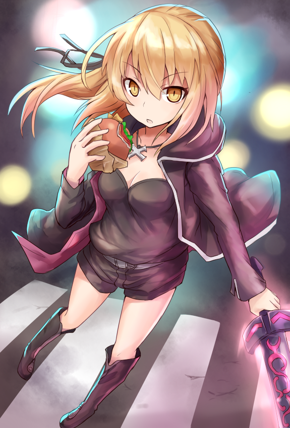 alternate_costume artoria_pendragon_(all) black_ribbon black_shorts blonde_hair breasts commentary_request cross cross_necklace dark_excalibur eating fate/grand_order fate_(series) food hair_ribbon hamburger holding holding_food holding_sword holding_weapon jewelry long_hair long_sleeves looking_at_viewer medium_breasts necklace ribbon saber_alter shorts solo sumapan sword weapon yellow_eyes