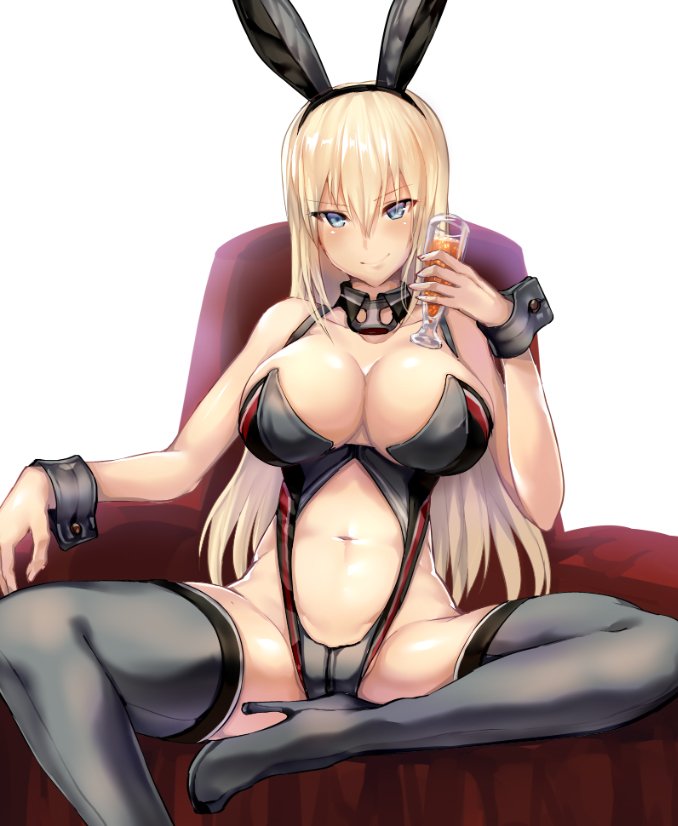 alternate_costume animal_ears arm_support bare_shoulders bismarck_(kantai_collection) blue_eyes breasts bunny_ears bunny_girl bunny_tail bunnysuit chair cleavage cup detached_sleeves eyebrows_visible_through_hair fake_animal_ears grey_legwear groin hair_between_eyes halterneck high_heels kantai_collection large_breasts lips looking_at_viewer navel navel_cutout partially_visible_vulva satou_daiji sitting skindentation smile solo spread_legs straight_hair tail thighhighs thighs tsurime
