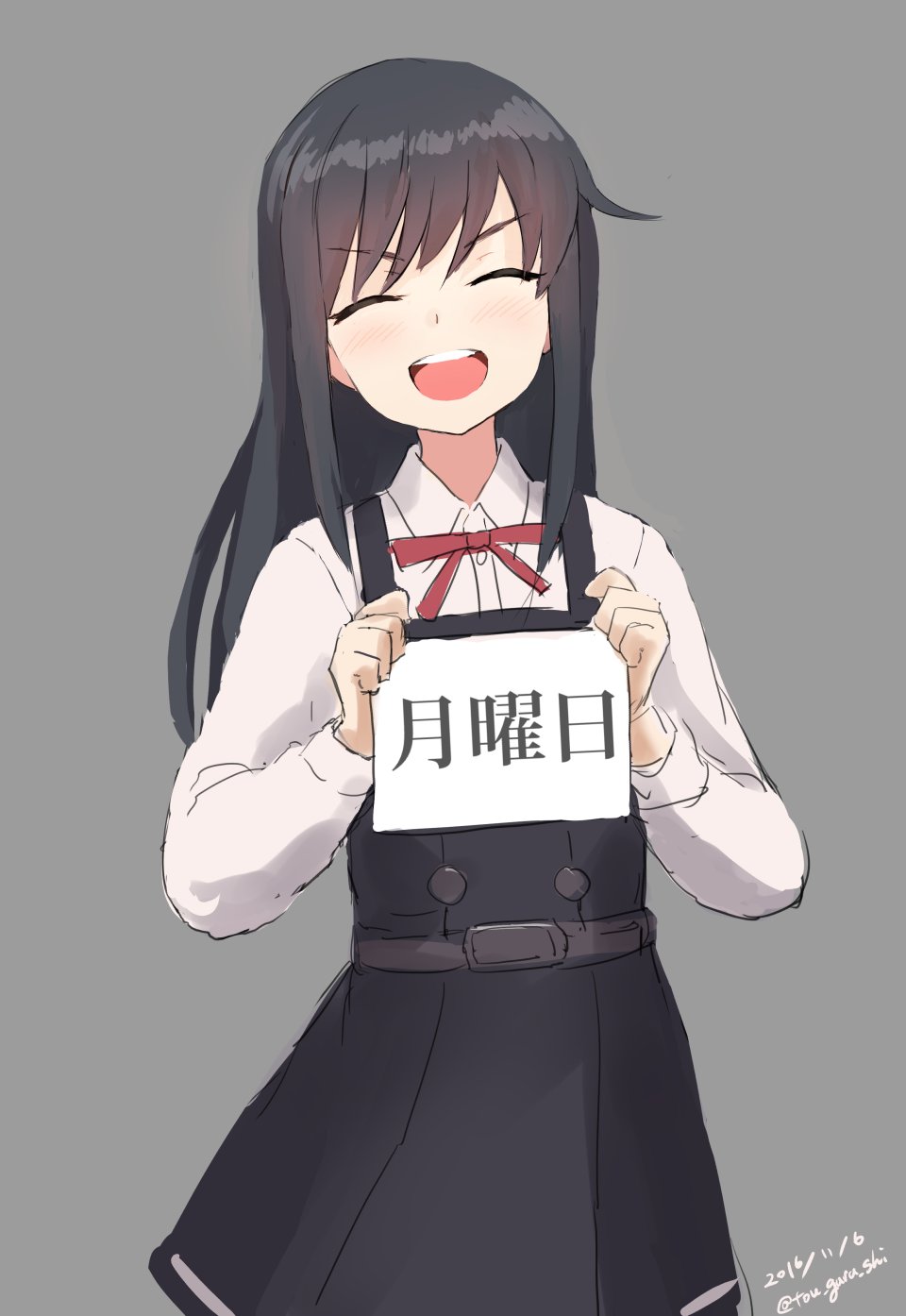 :d asashio_(kantai_collection) belt black_dress black_hair blush buttons closed_eyes collared_shirt commentary dated dress grey_background highres holding holding_sign kantai_collection karashi_(tou_gara_shi) long_hair long_sleeves neck_ribbon open_mouth red_ribbon remodel_(kantai_collection) ribbon shirt sign smile solo translated twitter_username v-shaped_eyebrows white_shirt