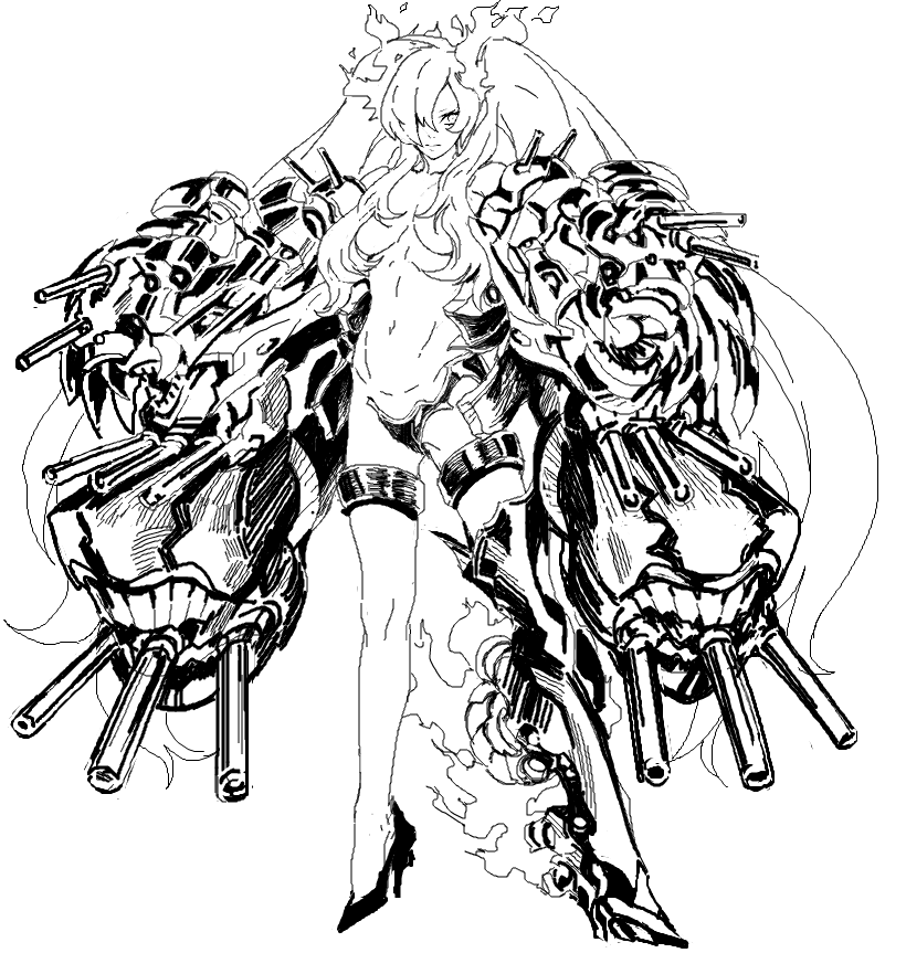 armor armored_boots boots burning_armor claws cosmic_bear crotch_plate full_body hair_censor hair_over_one_eye high_heel_boots high_heels horns kantai_collection legs long_hair looking_at_viewer mechanical_arms mismatched_footwear monochrome rigging shinkaisei-kan sidelocks simple_background single_boot sketch solo southern_ocean_war_hime teeth thigh_boots thigh_strap thighhighs topless turret twintails very_long_hair white_background