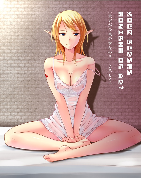 bare_legs barefoot blonde_hair blue_eyes breasts chemise cleavage closed_mouth collarbone commentary covered_nipples elf engrish full_body indian_style jitome kuurunaitsu large_breasts lingerie long_hair original pointy_ears ranguage see-through sitting smile solo strap_slip translated underwear v_arms