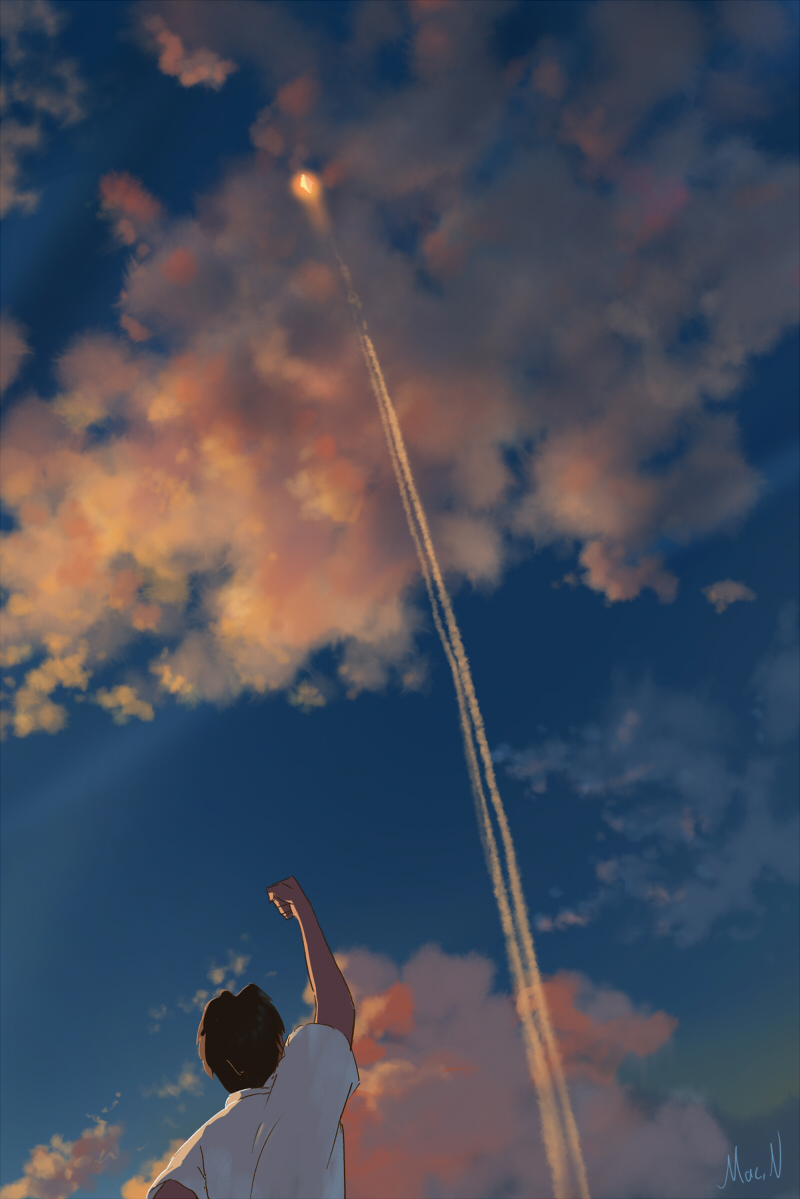 afterburner aircraft airplane arm_up asaba_naoyuki blue_sky brown_hair clenched_hand cloud cloudy_sky commentary_request condensation_trail evening facing_away fist_pump from_below iriya_no_sora_ufo_no_natsu looking_up mac_naut male_focus outstretched_arm scenery shirt short_sleeves signature sky solo sunset white_shirt