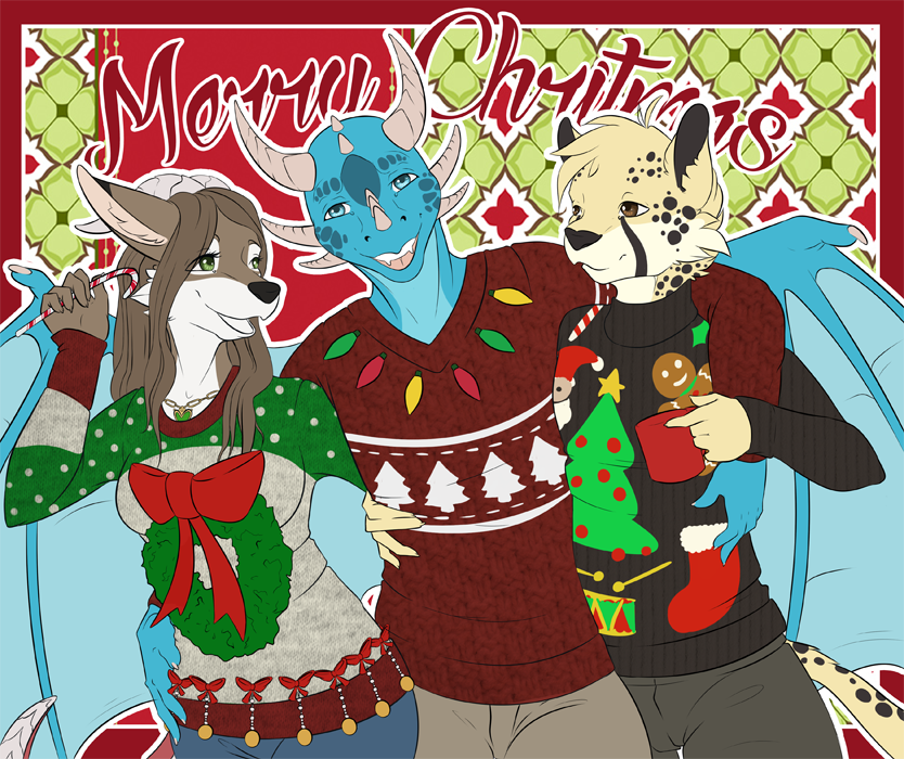 anthro canine christmas clothed clothing dragon feline female group holidays hug juxzebra looking_at_viewer male mammal open_mouth smile standing