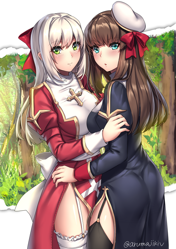 :o aruma_jiki ass back_bow black_dress black_legwear blonde_hair blue_eyes blush bow breasts brown_hair cross dress forest garter_straps gold_trim green_eyes hand_on_another's_hip hat high_priest holding_another's_arm long_hair looking_at_viewer medium_breasts multiple_girls nature priest_(ragnarok_online) priestess ragnarok_online red_dress red_ribbon ribbon smile thighhighs white_bow white_legwear